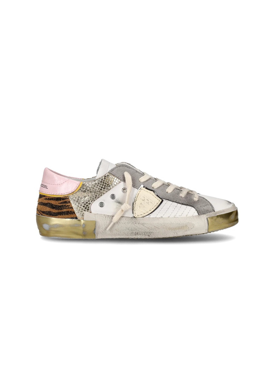 Sneaker philippe model donna bassa prld xap1 bianca animalier e oro